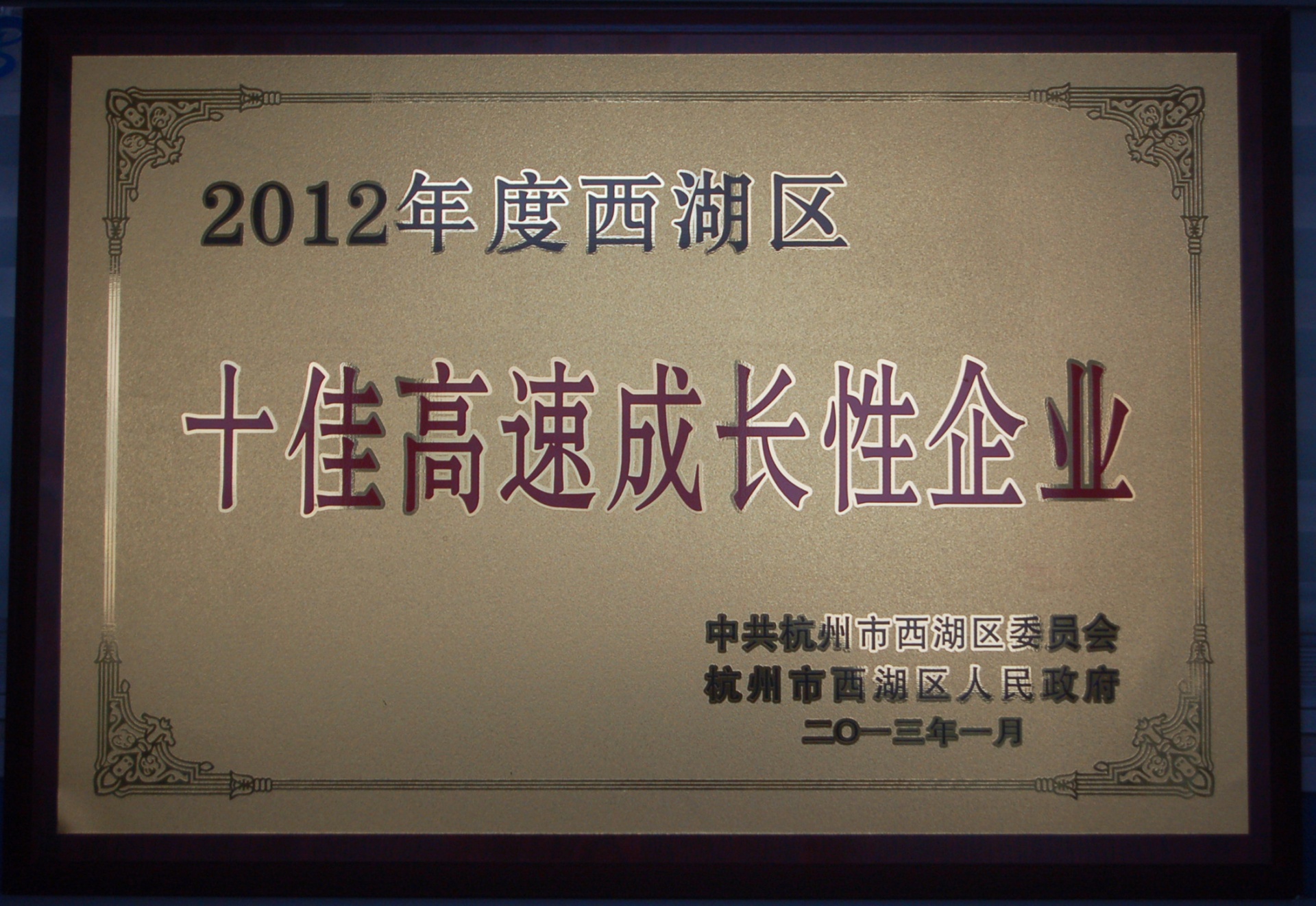 恭賀我公司榮獲西湖區(qū)2012年度“十佳高速成長性企業(yè)”